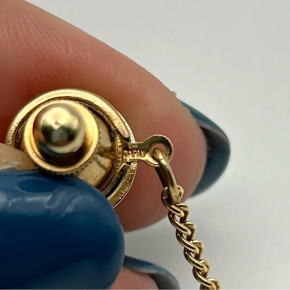 Men's Round Faux Black Stone Tie Tack with Gold Tone Chain Classic Elegant